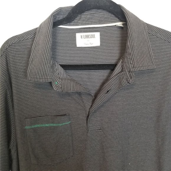 Link Soul Mens M Gray Striped Tempus Fugit Polo Shirt Short Sleeves Collared - Picture 2 of 8